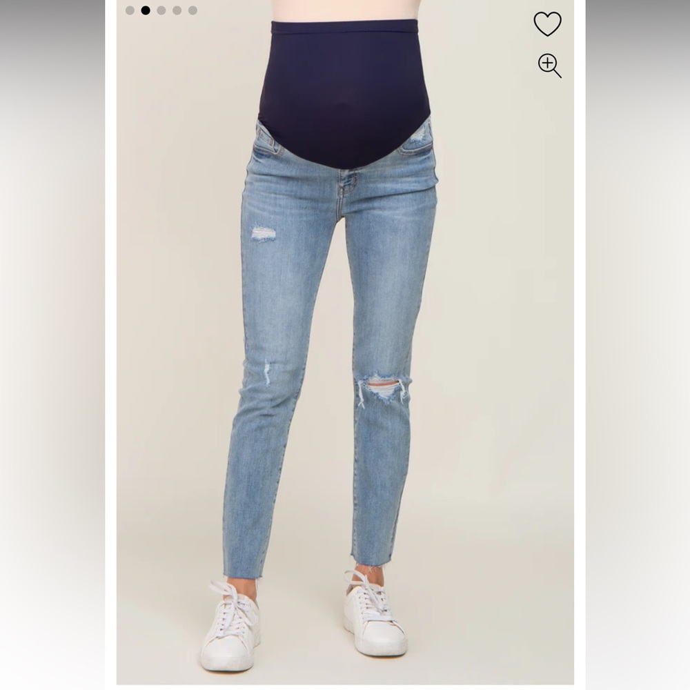 Pink blush maternity light blue distressed raw hem jeans